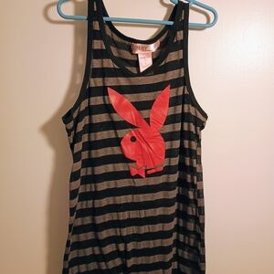 PLAYBOY Black and Gray Striped Tank with Red Logo